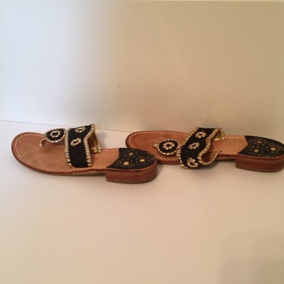JACK ROGERS SHOES SANDALS FLATS THONGS BLACK GOLD WHIPSTITCH LEATHER - Picture 3 of 7